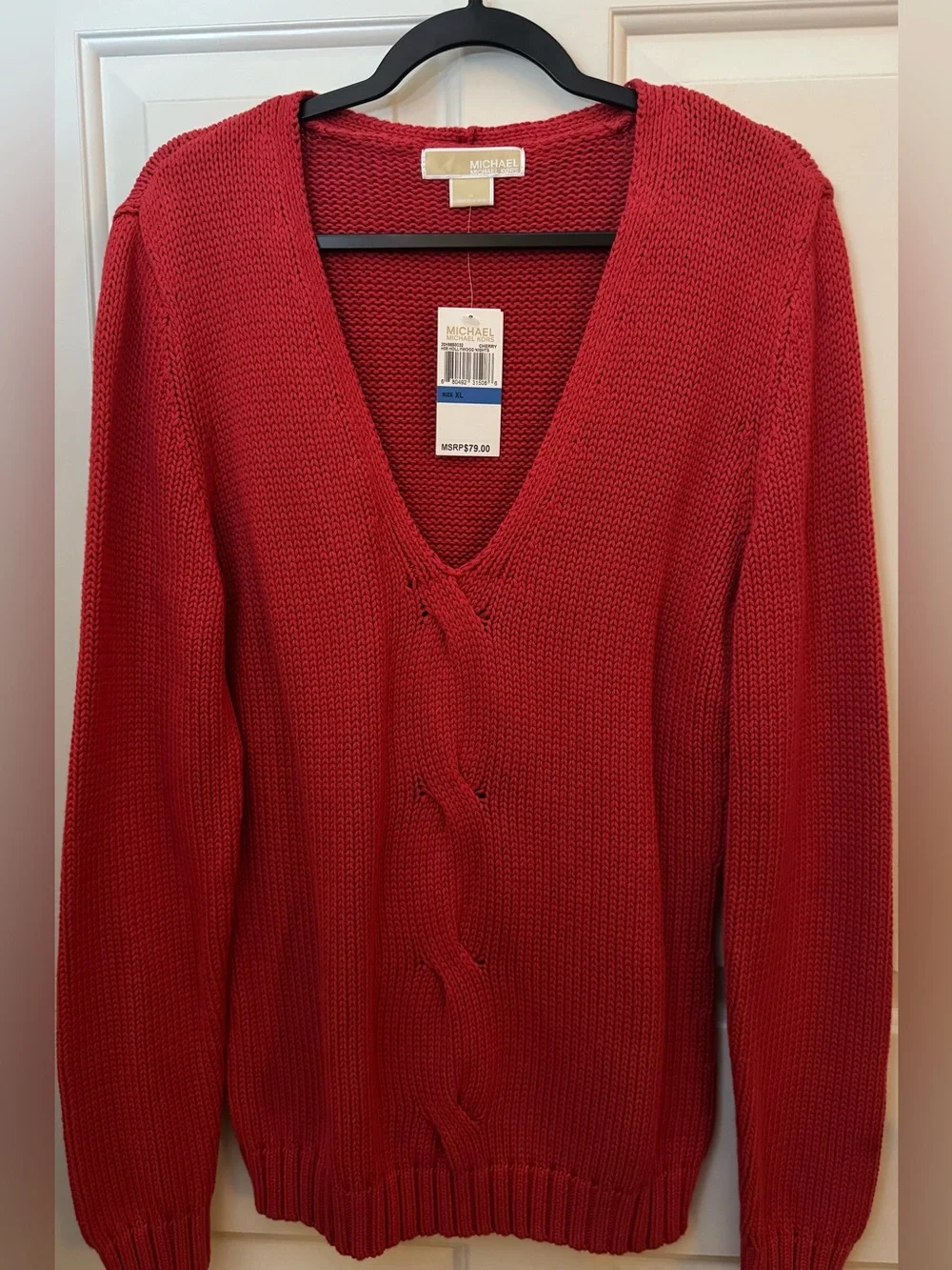 Michael Kors Sweater 100% Cotton Red V-Neck Cable Sweater Size - XL **NWT**